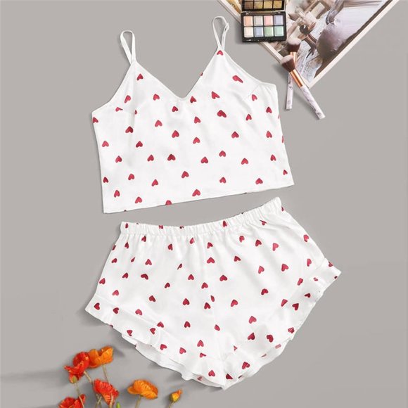 Women's Pajama Set Crop Cami & Shorts Red Hearts - Picture 1 of 4